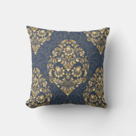 Almofada Damasco Dourado Azul Floral Ornamental