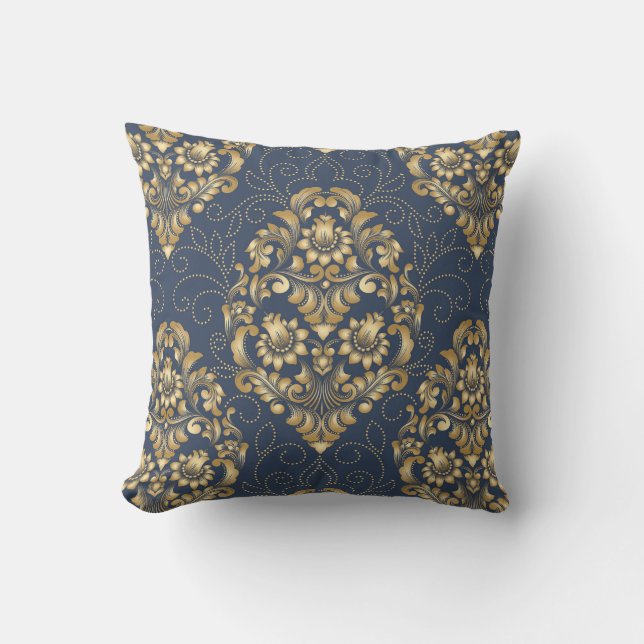 Almofada Damasco Dourado Azul Floral Ornamental (Frente)
