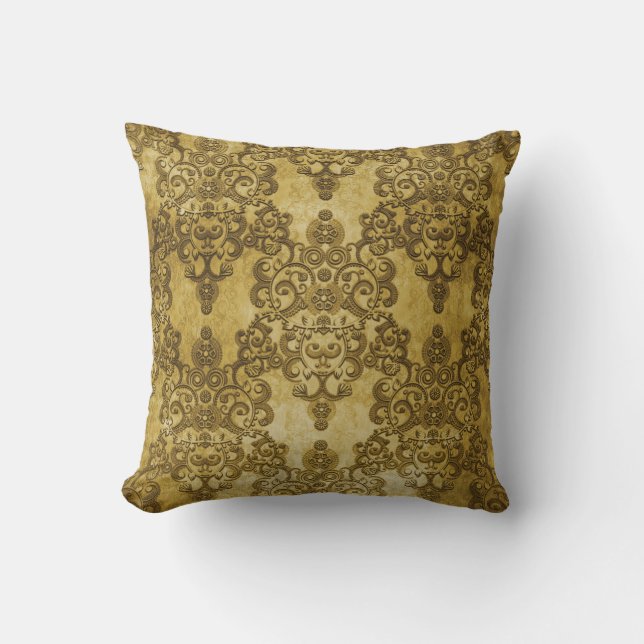Almofada Damasco Envelhecido Bege Dourado Escuro (Frente)