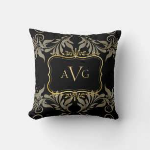 Almofada Damasco Preto com monograma de quadro dourado