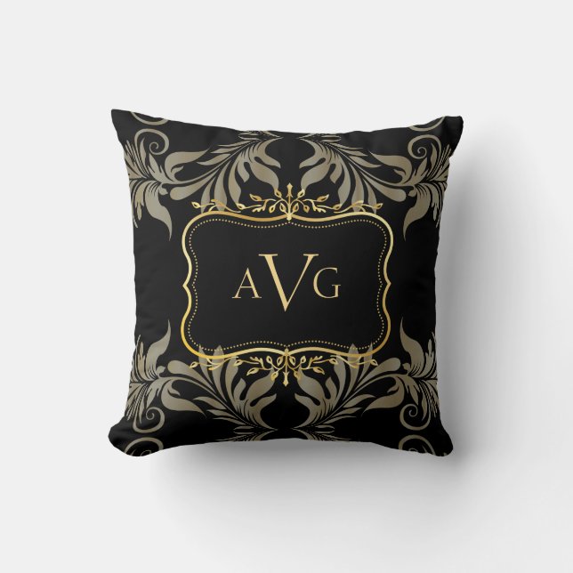 Almofada Damasco Preto com monograma de quadro dourado (Frente)