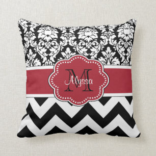 Almofada Damasco vermelho preto Chevron personalizado