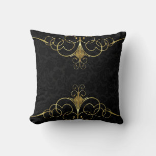 Almofada Damascos Florais Pretos e Quadro Suave Dourado