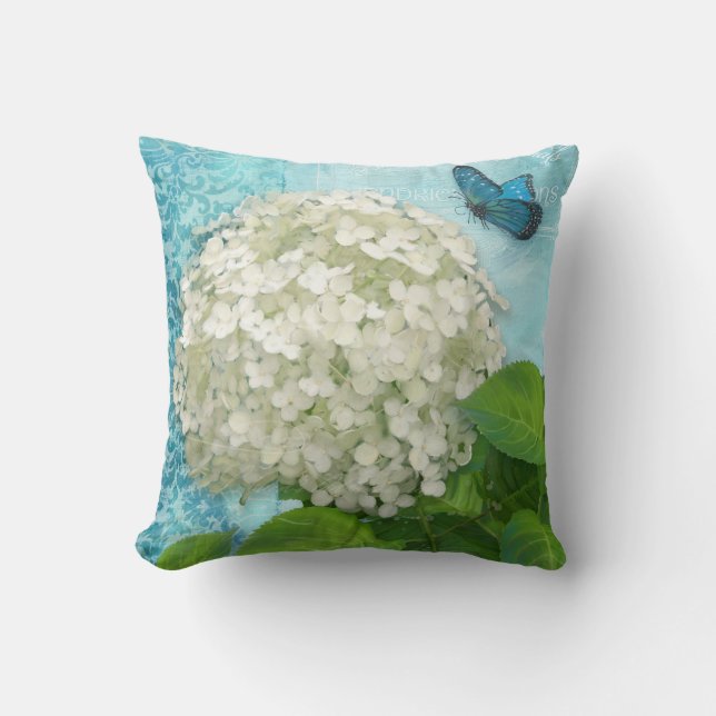 Almofada Damask Snowball White Hydrangea Blue Butfly Art (Frente)