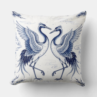 Almofada Dança de Grou Estilo Imari Japonês Azul e Branco