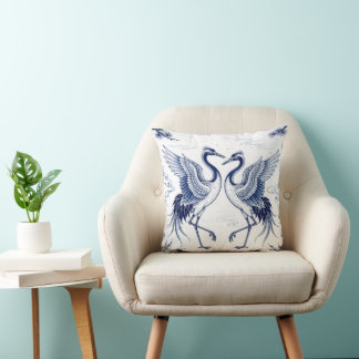 Almofada Dança de Grou Estilo Imari Japonês Azul e Branco