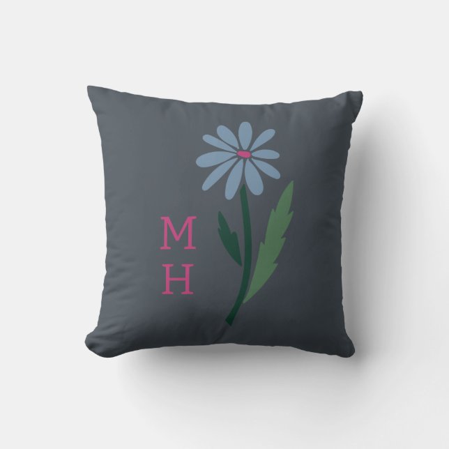 Almofada Dark Farmhouse Retro Blue Floral Monogram Gray (Frente)