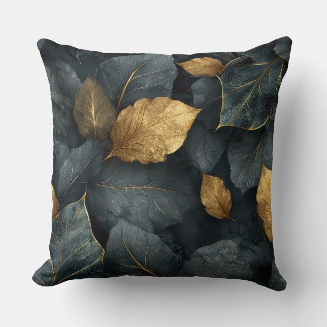 Almofada Dark Gold Botanical Leaves Throw Pillow (Frente)