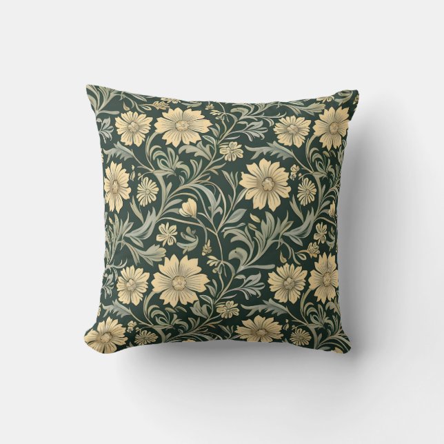 Almofada Dark green stylized yellow flowers  pattern  (Frente)
