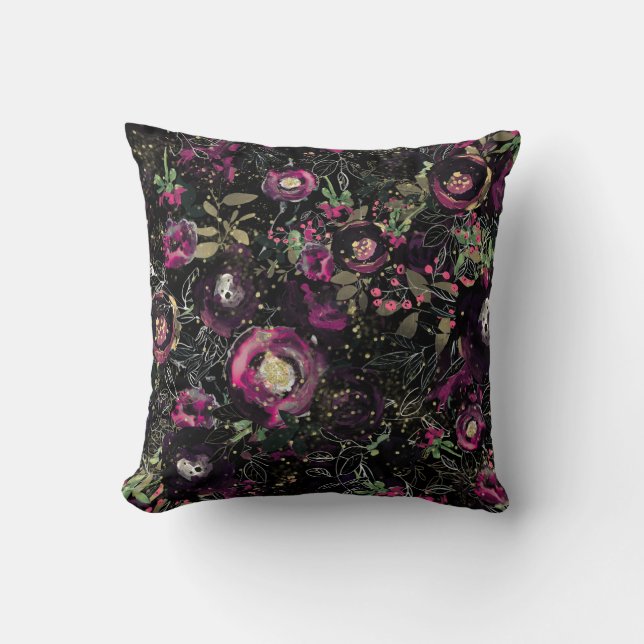 Almofada Dark Moody Berry Plum Sparkle Floral Modern (Frente)