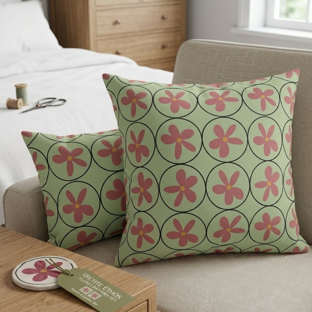 Almofada de Acabamento Floral Verde e Rosa Retro S (Criador carregado)