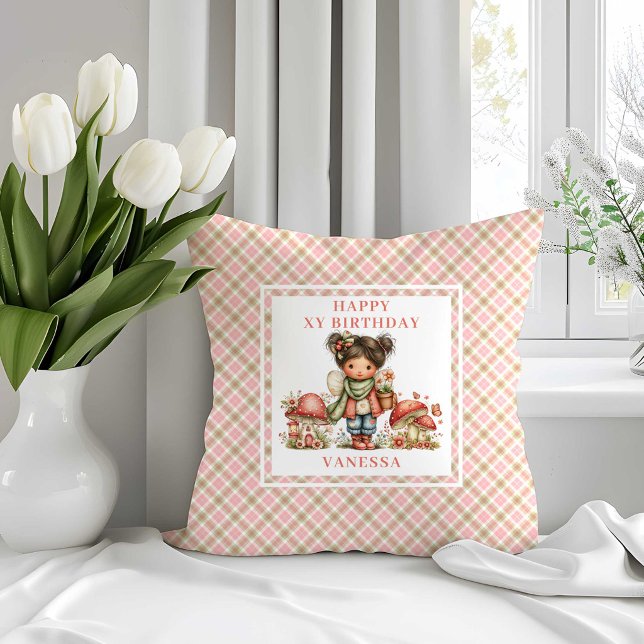Almofada de Aniversário de 3 Anos da Fada Bonita e (Whimsical Cute Fairy 3rd Birthday Throw Pillow)