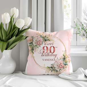 Almofada de Aniversário de 90 Anos com Flores Rosa