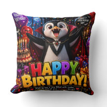 Almofada de aniversário de pinguim vampiro feliz