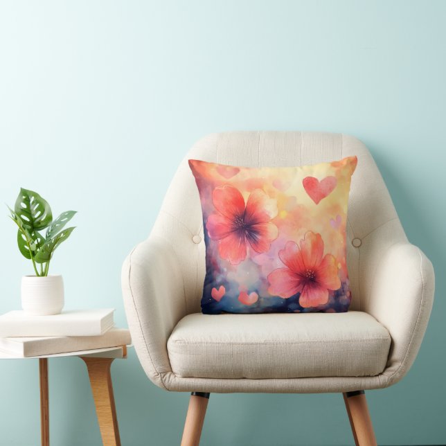 Almofada de Aquarela Romântica com Flores e Coraçõ (Cadeira)