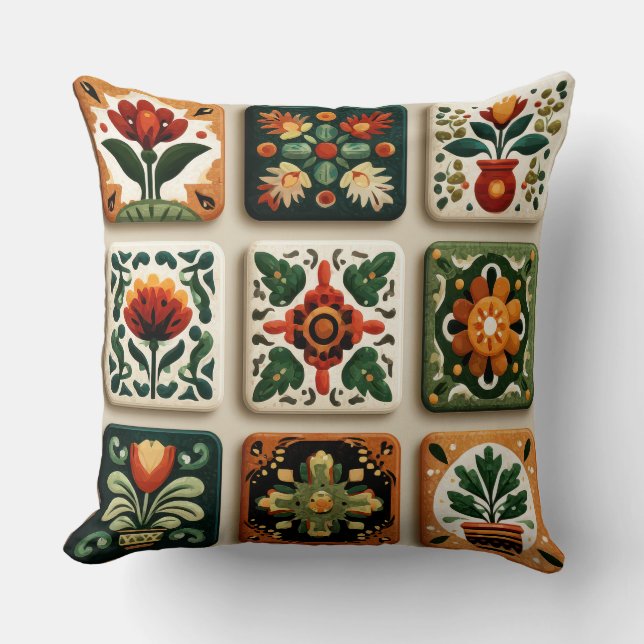 Almofada de Arremesso com Padrão de Azulejo Floral (Frente)