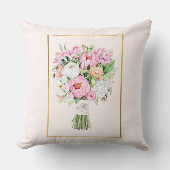 Almofada de Arremesso de Buquê Floral Rosa, Branco (Frente)