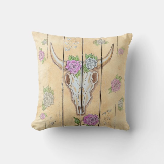 Almofada de Arremesso de Caveira de Vaca & Rosas - (Frente)