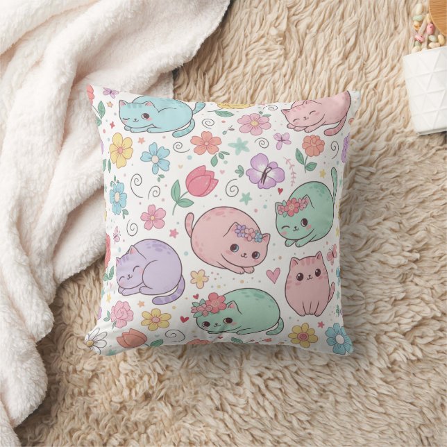 Almofada de Arremesso de Gatos Kawaii e Flores da  (Cobertor)