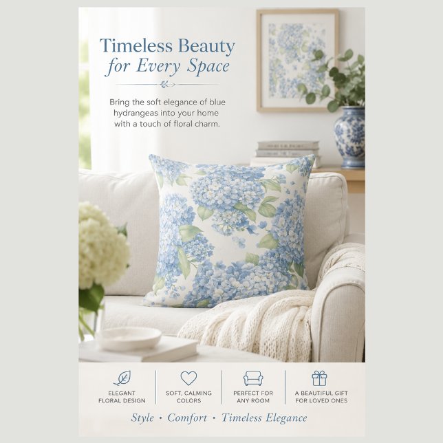 Almofada de Arremesso de Hortênsia Azul Costeira | (Blue Hydrangea Elegance. Update your home decor with this blue and white floral throw pillow cushion)