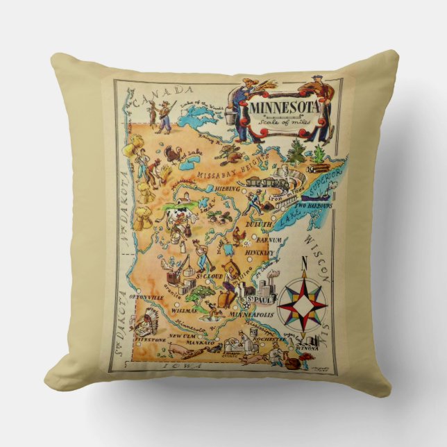 Almofada de Arremesso de Mapa Ilustrado de Minneso (Frente)