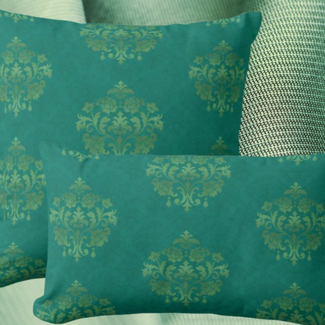 Almofada de Arremesso de Medalhões de Dourado Dama (Antique teal damask elegance!)