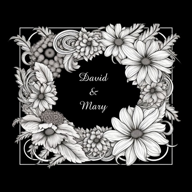 Almofada de Arremesso de Moldura Floral (A black and white illustration features a floral frame surrounding the names "David & Mary.)