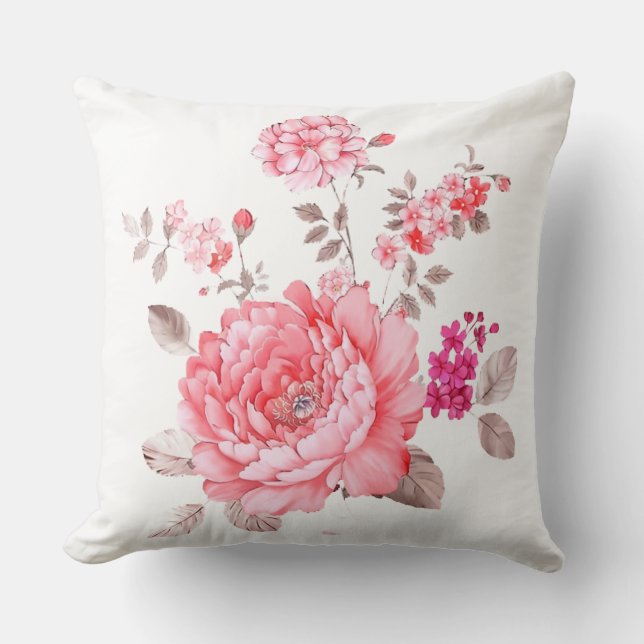Almofada de Arremesso de Peônia Rosa em Aquarela E (Frente)