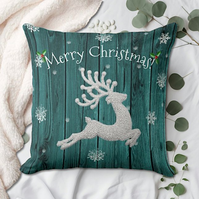 Almofada de Arremesso de Rena de Natal Rústica Tur (Teal Rustic Christmas Reindeer Throw Pillow)