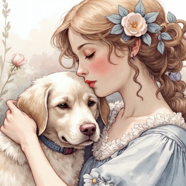 Almofada de Arremesso do Retriever Dourado (A gentle close-up of a young woman embracing a golden retriever.)