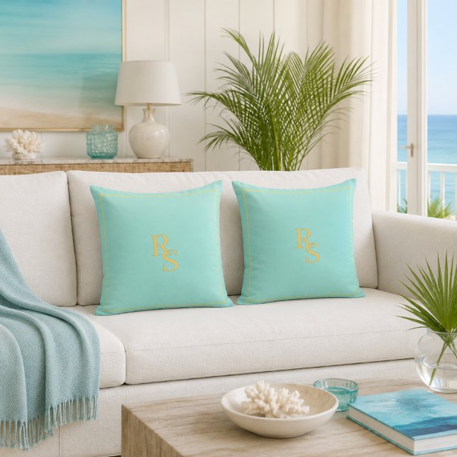Almofada de Arremesso em Azul Água Dourado com Mon (Stylish Modern Aqua Blue Monogrammed Decorative Pillow)