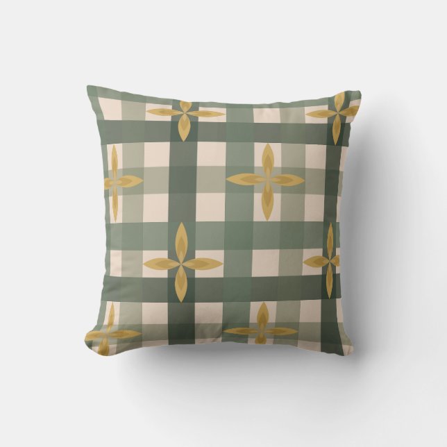 Almofada de Arremesso Gingham Verde & Folhas (Frente)