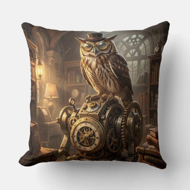 almofada de arte de engrenagem de coruja steampunk (Frente)