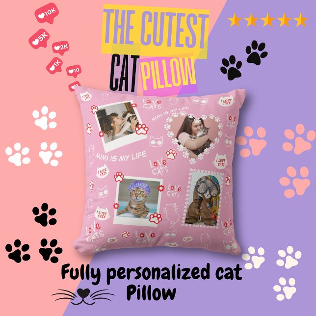 Almofada de Gato Personalizada com Fotos do Rosto  (Fully Personalized Cat Throw Pillow, Custom Your Cat Pillow, Add Cat Photo, Cat Name )