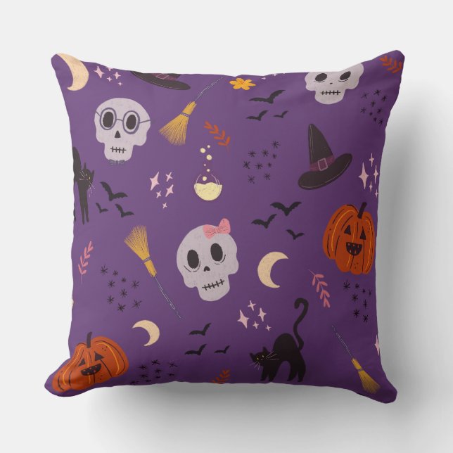 Almofada de Halloween – Caveiras, Abóboras, Gatos (Frente)