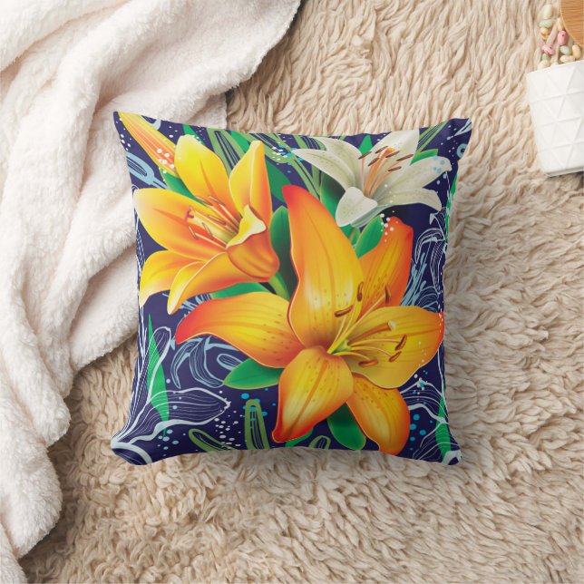 Almofada de lançamento azul naval floral lírios br (Cobertor)