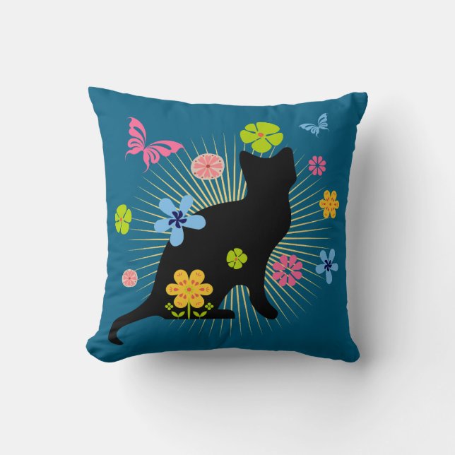 Almofada de lançamento de gato preto floral capric (Frente)