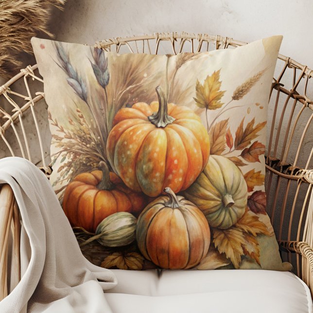 Almofada de lançamento de outono boho de abóboras  (Rustic Pumpkins & Leaves Boho Fall Throw Pillow in a boho rattan armchair)