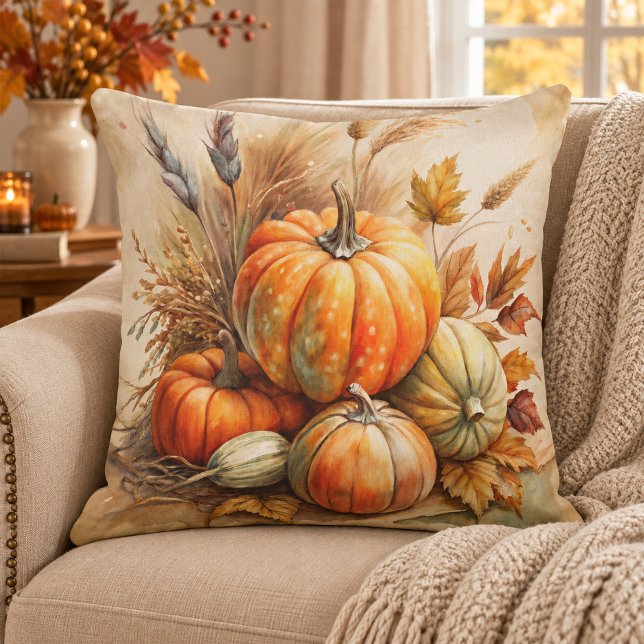 Almofada de lançamento de outono boho de abóboras  (Rustic Pumpkins & Leaves Boho Fall Throw Pillow)
