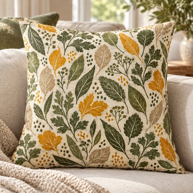 Almofada de lançamento de ritmo de linho de jardim (Styled preview of the 16 x 16 inch cotton throw pillow. The botanical design is printed on both sides. Decorative props are not included.)