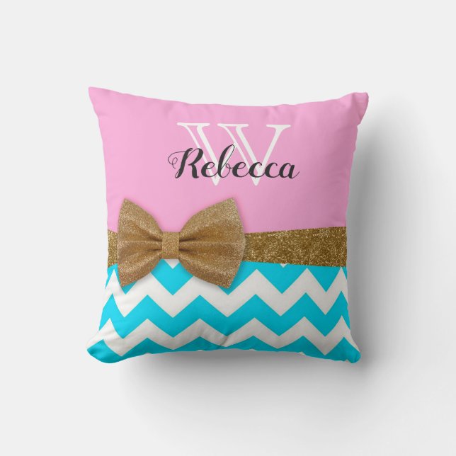 Almofada de Monograma com Brilho Dourado e Turques (Frente)