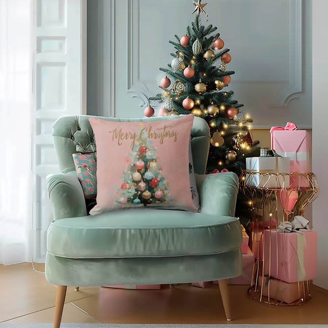 Almofada de Natal Árvore de Natal Rosa Cinzelada c (Beautiful Blush Pink Painted Christmas Tree Holiday Throw Pillow)