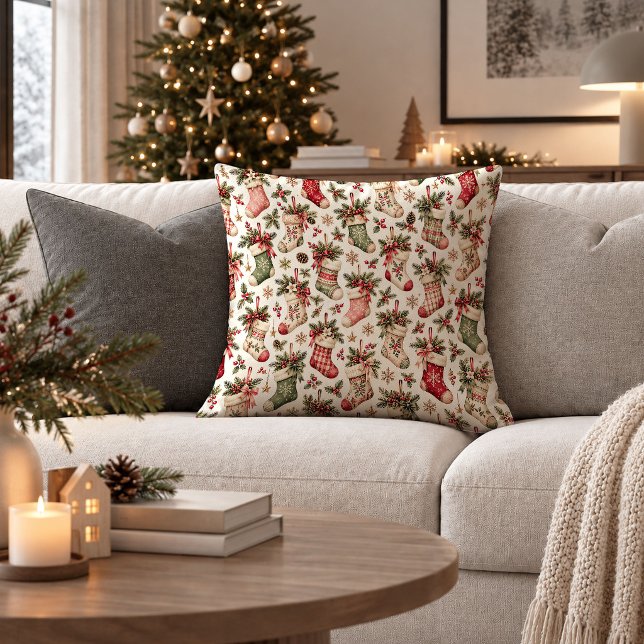 Almofada de Natal Atemporal com Folhagem e Meia (Timeless Christmas Foliage & Stocking Throw Pillow)