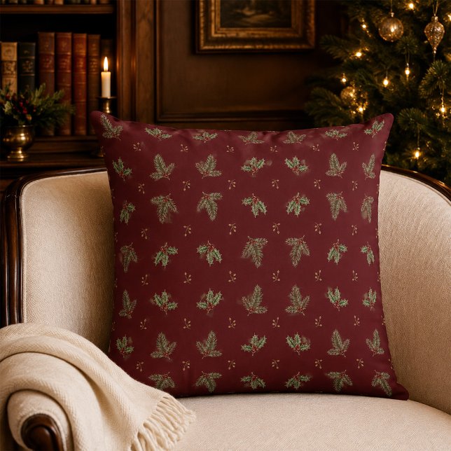Almofada de Natal Botânica Borgonha (Burgundy Botanical Christmas Throw Pillow)