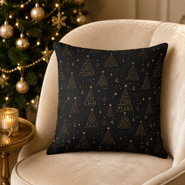 Almofada de Natal Celestial Preto Dourado (Celestial Black Gold Christmas Throw Pillow)