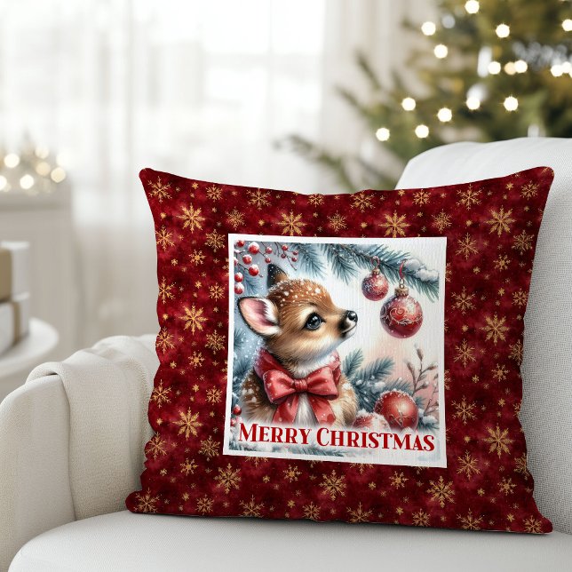 Almofada de Natal com cena de inverno feliz com ce (Happy winter scene baby fawn Christmas pillow (48))