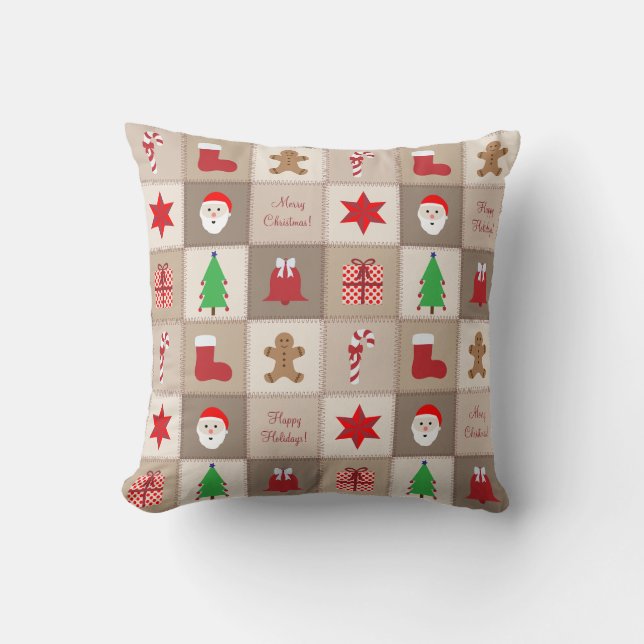 Almofada de Natal com Estampa - Fundo em Tons Bege (Frente)