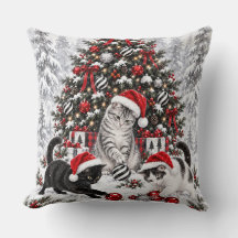 Almofada de Natal com Gatos Travessos em Aquarela