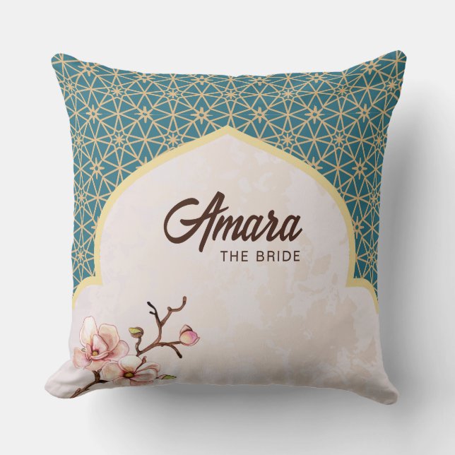 Almofada de Noiva Arabesco - Azul Turquesa e Doura (Frente)