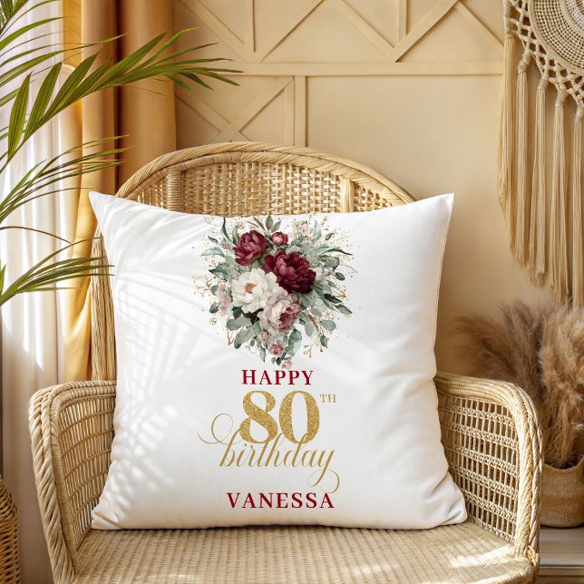 Almofada de Nome de Aniversário de 80 anos Rustic  (Rustic Blush Burgundy 80th Birthday Name Pillow)